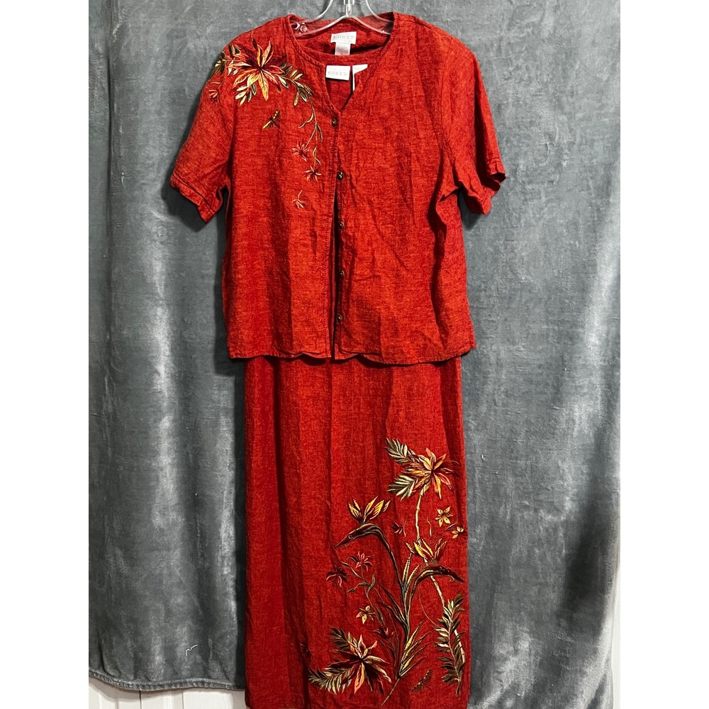 Koret M Red Embroidered Maxi Dress & Short Sleeve Jacket 2 pc Linen Blend Set